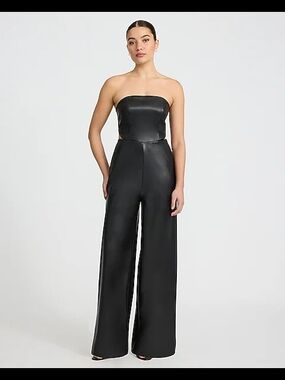 Express Black Strapless Faux-Leather Wide-Leg Jumpsuit XS